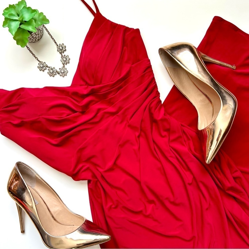 La Femme V Neck Jersey Knit Open Back Maxi Gown Maxi Dress Deep Red Size 8